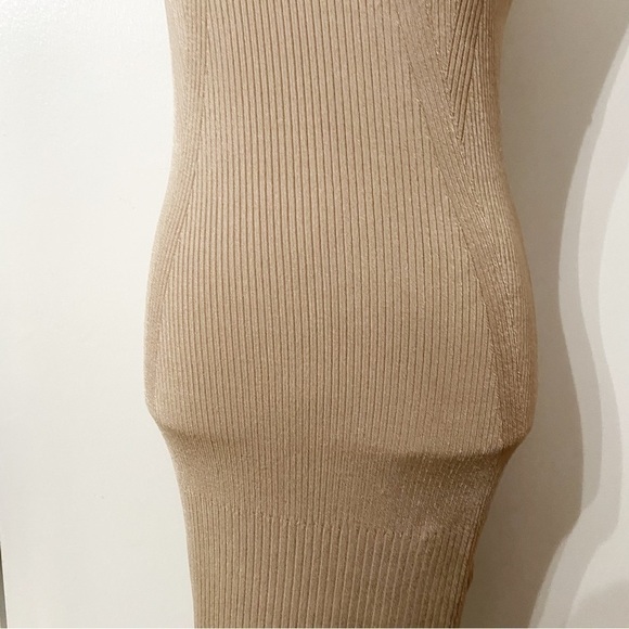 Marciano CAMEL TAN RIBBED STRETCH MOCK NECK SLEEVELESS BODYCON DRESS - Picture 5 of 9